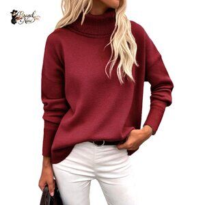 Turtleneck Sweater Chunky Knitted Pullover High Low Hem Oversized Top